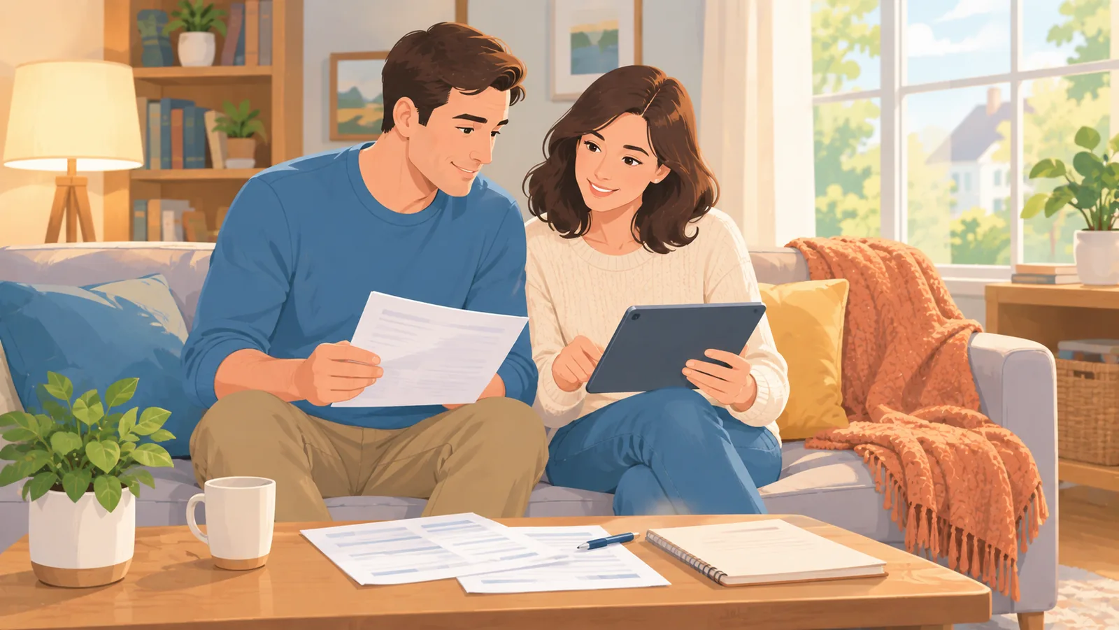 Couple lisant des documents ensemble sur un canapé avec une tablette, lumière chaude