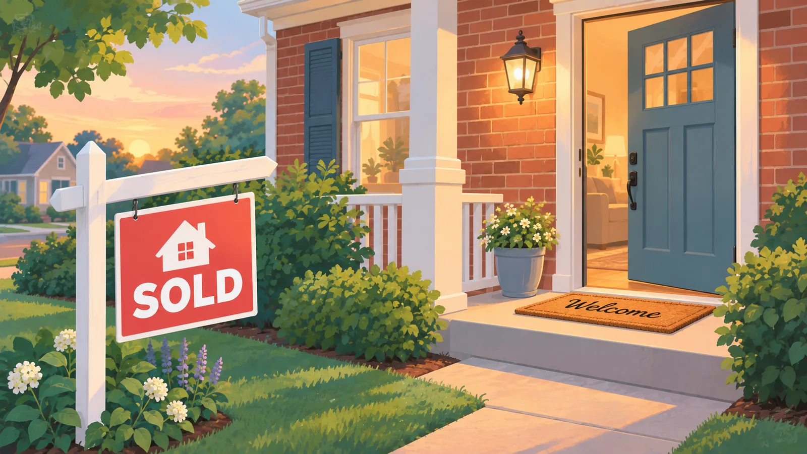 Porte d’entrée d’une maison américaine accueillante avec un panneau vendu et un paillasson, lumière du soir