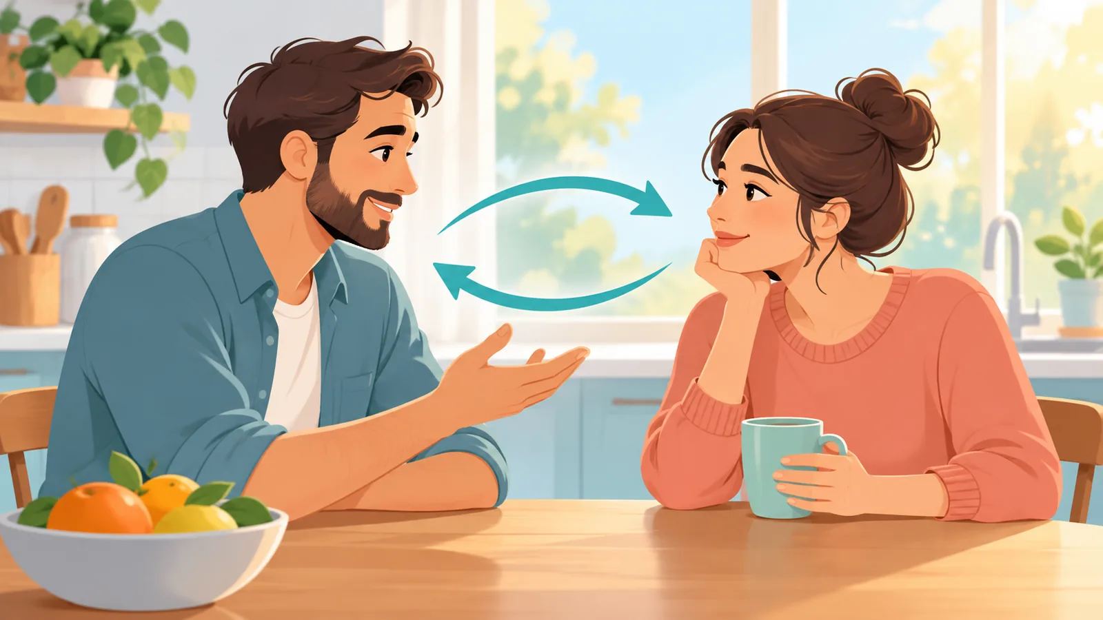 Deux partenaires qui discutent calmement à une table de cuisine, l'un écoutant avec attention