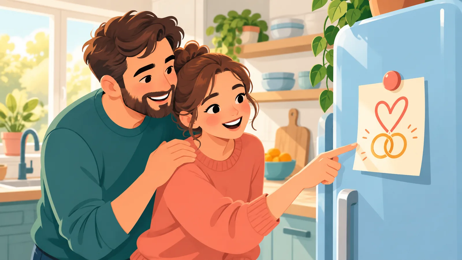 Un couple souriant devant un petit mot manuscrit accroché sur le réfrigérateur