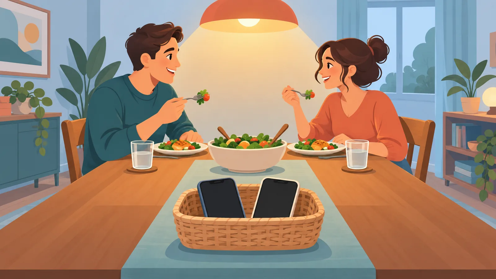 Un couple qui dîne ensemble, téléphones rangés dans un panier, sous une lumière chaleureuse