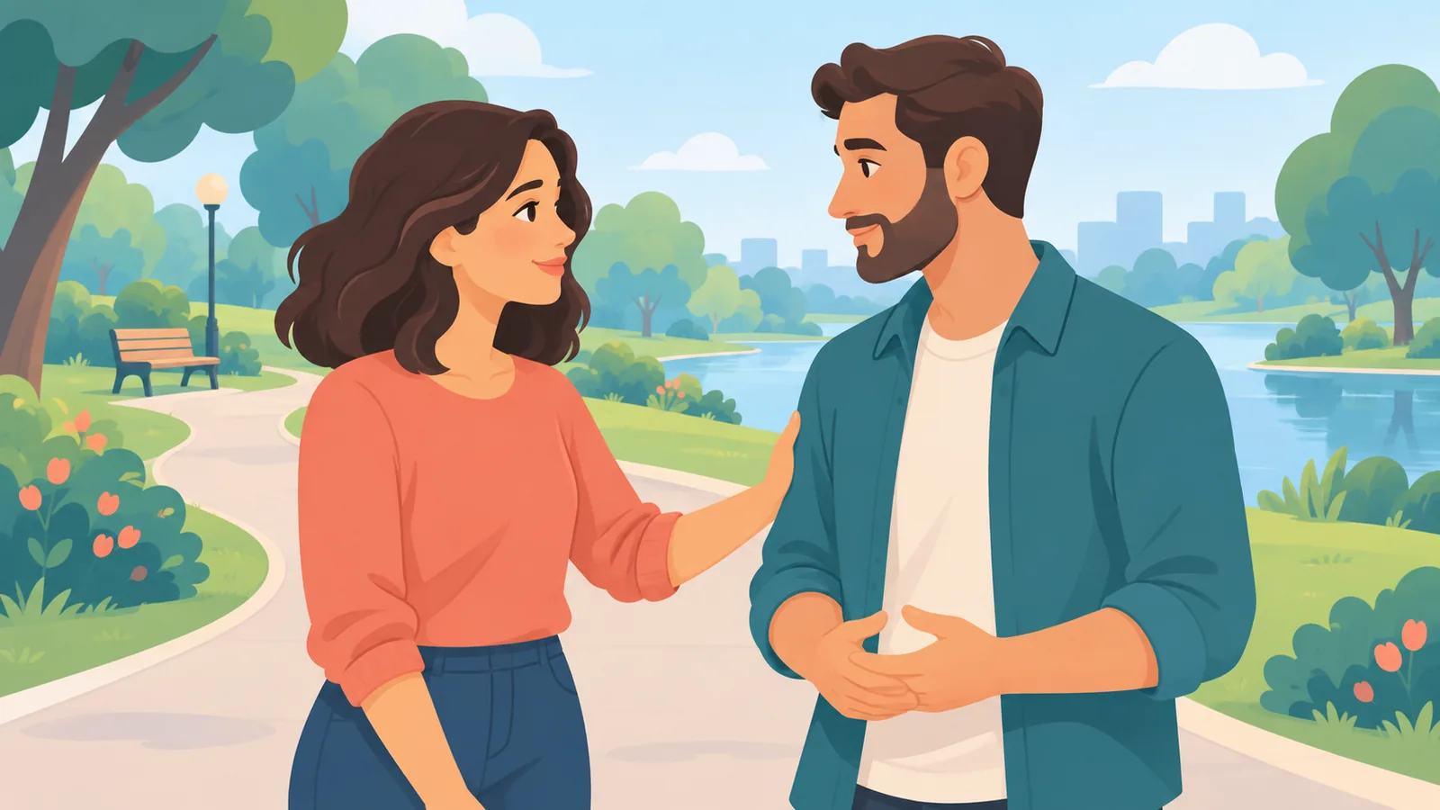 Un couple qui discute calmement sur un chemin de parc, une main posée sur le bras de l'autre
