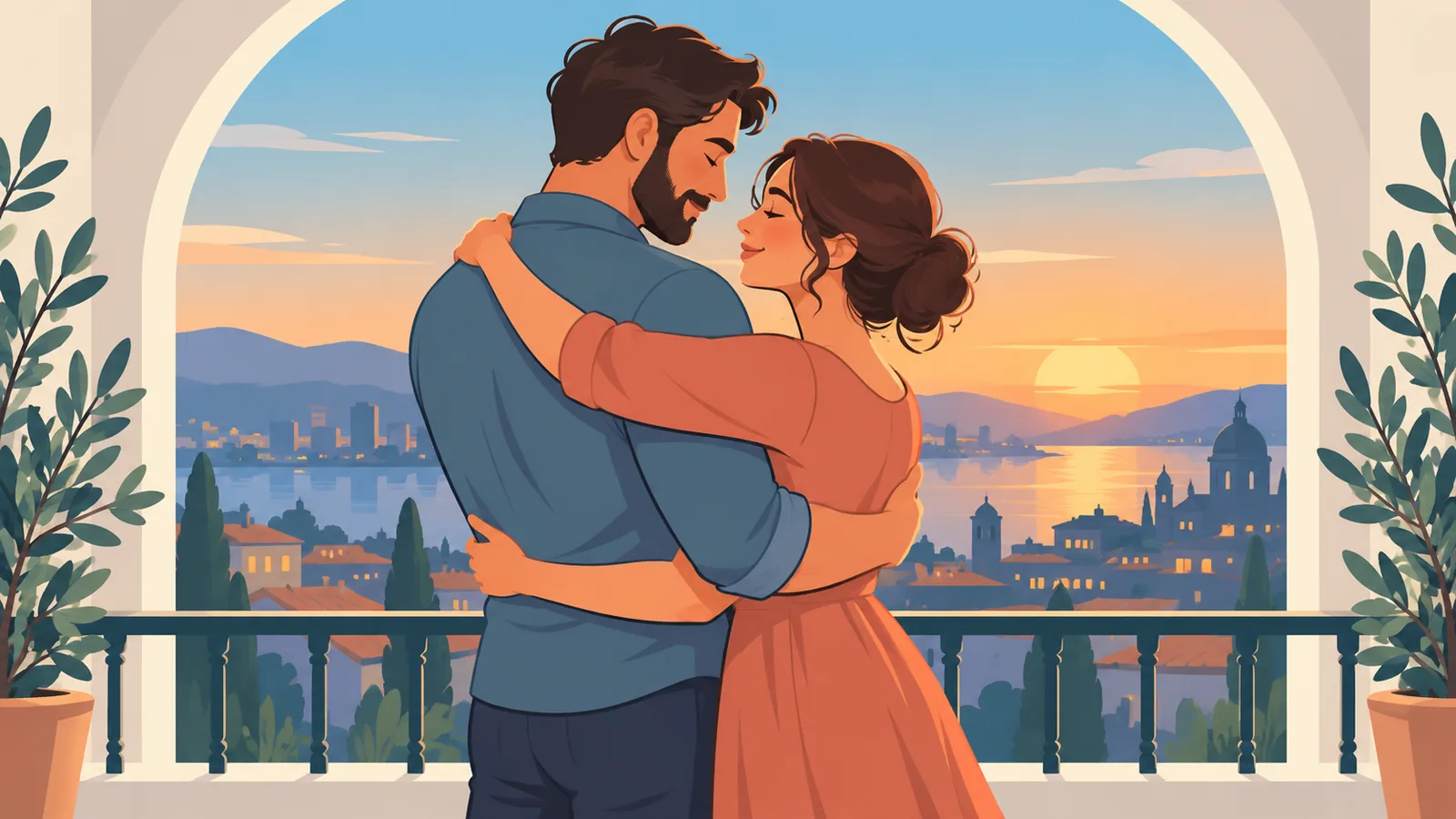 Un couple qui s'enlace tendrement sur un balcon au crépuscule