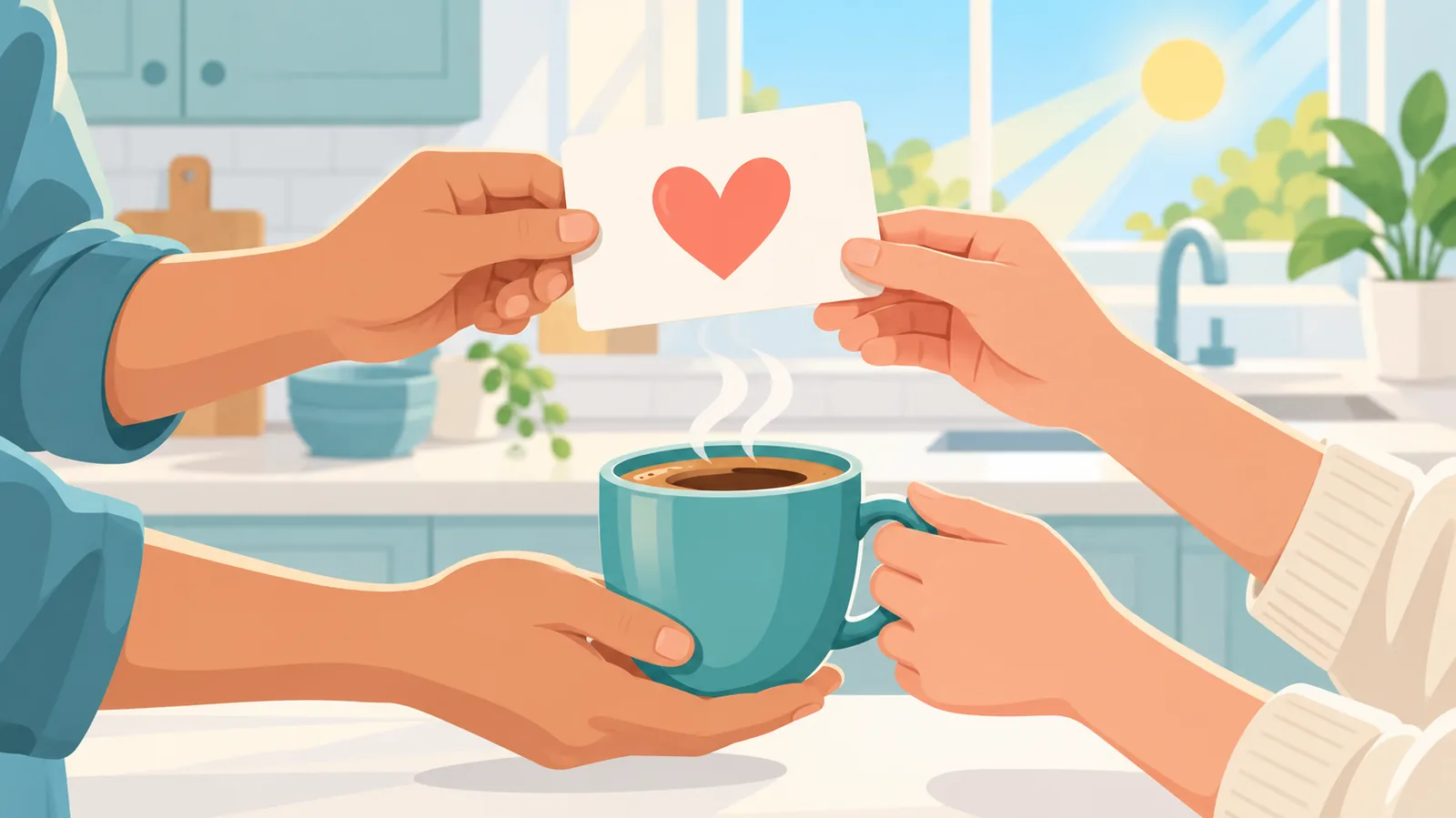 Une personne offrant un mot de remerciement et un café à son partenaire dans une cuisine ensoleillée