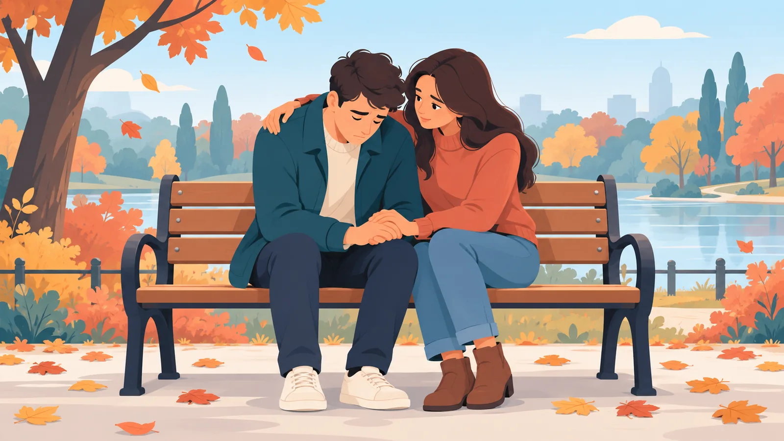 Un couple se tenant la main sur un banc pendant une période difficile