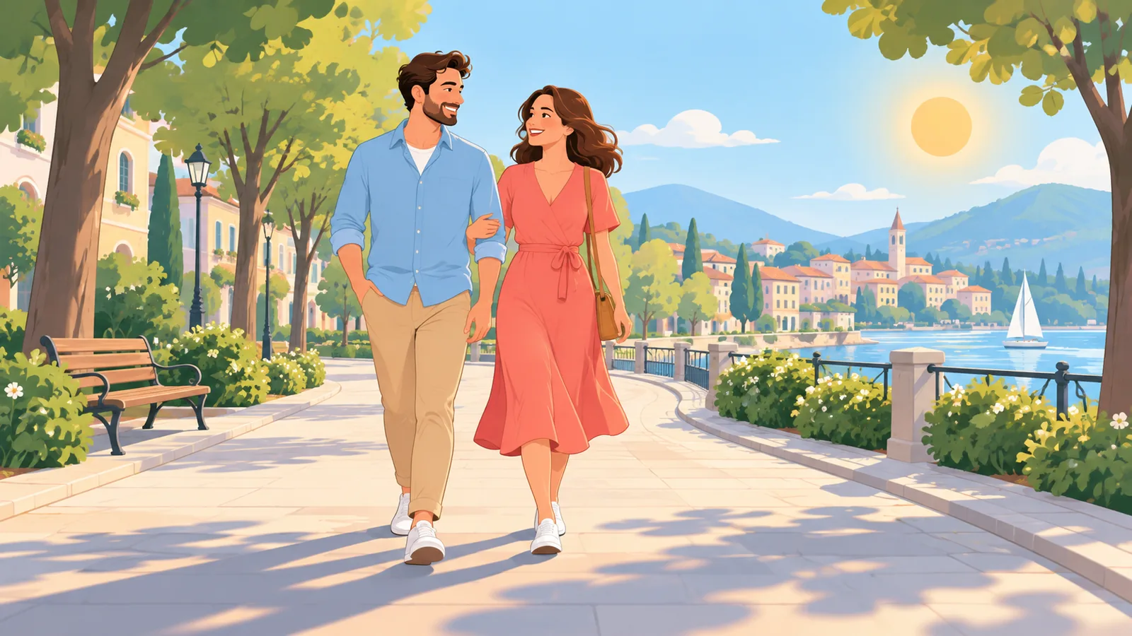 Un couple qui se promène en souriant dans une rue bordée d'arbres