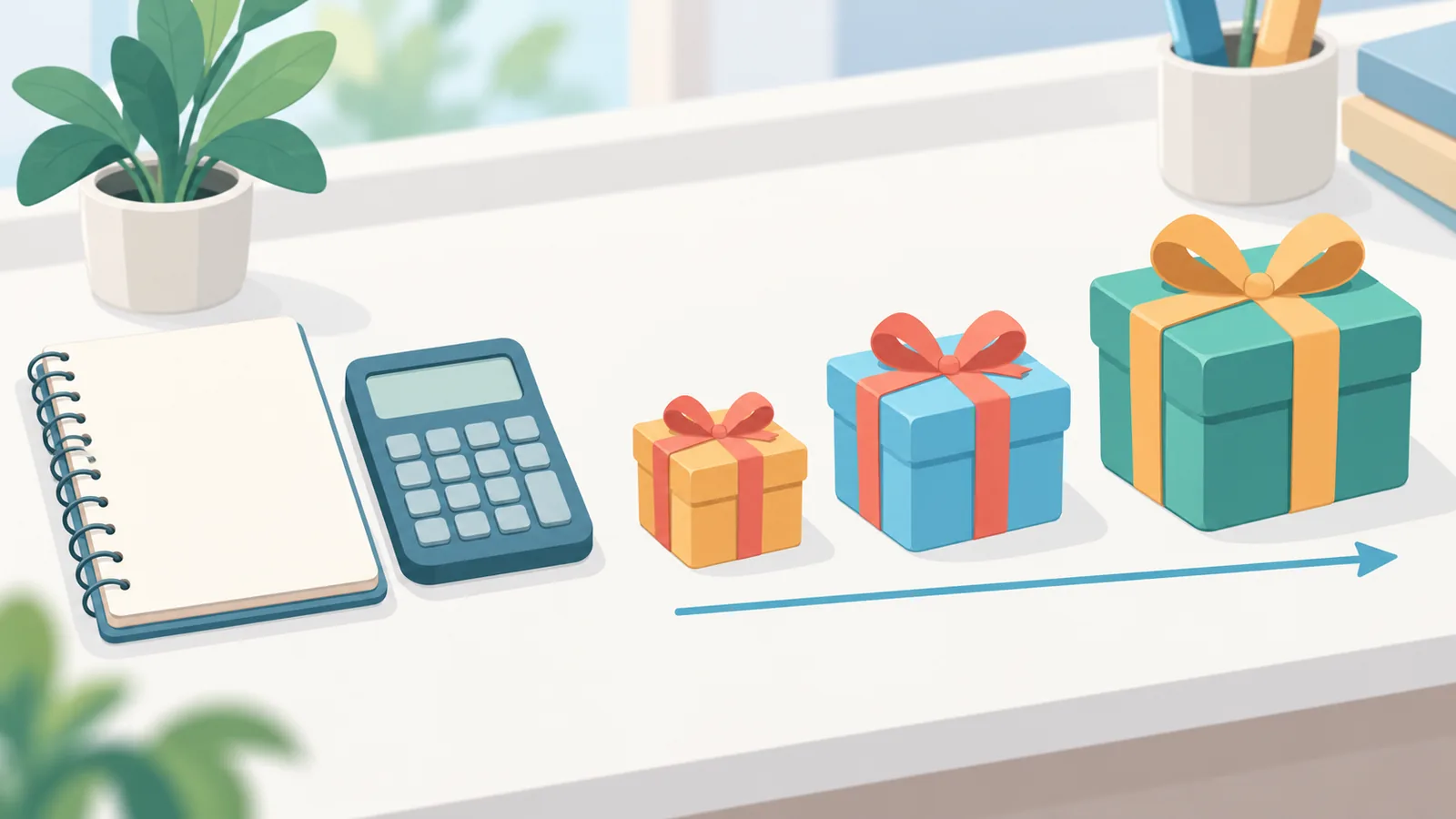 Trois paquets cadeaux de tailles différentes à côté d’une calculatrice