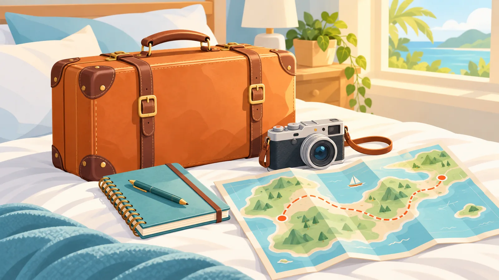 Valise, carnet de voyage et appareil photo compact sur un lit