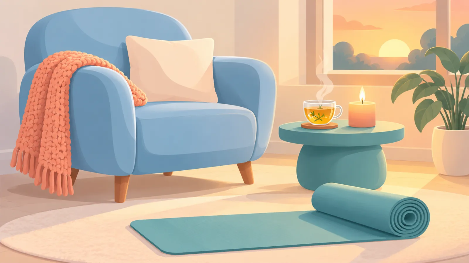 Coin détente avec plaid, bougie, tapis de yoga et tisane
