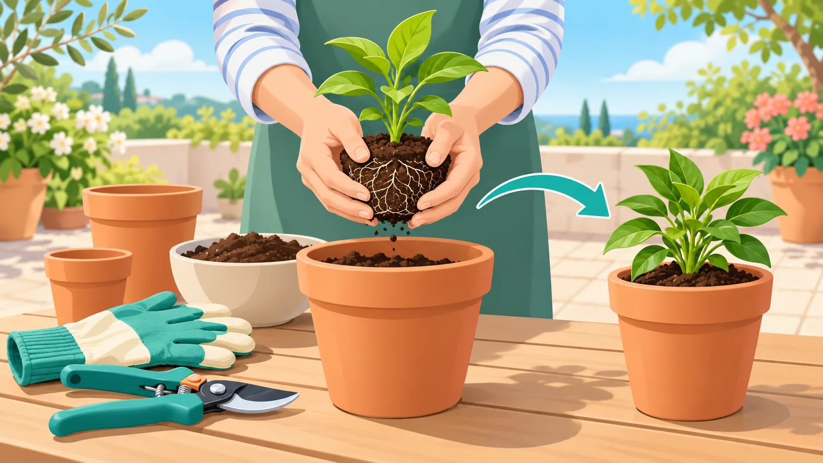 Kit de jardinage et mains tenant un jeune plant