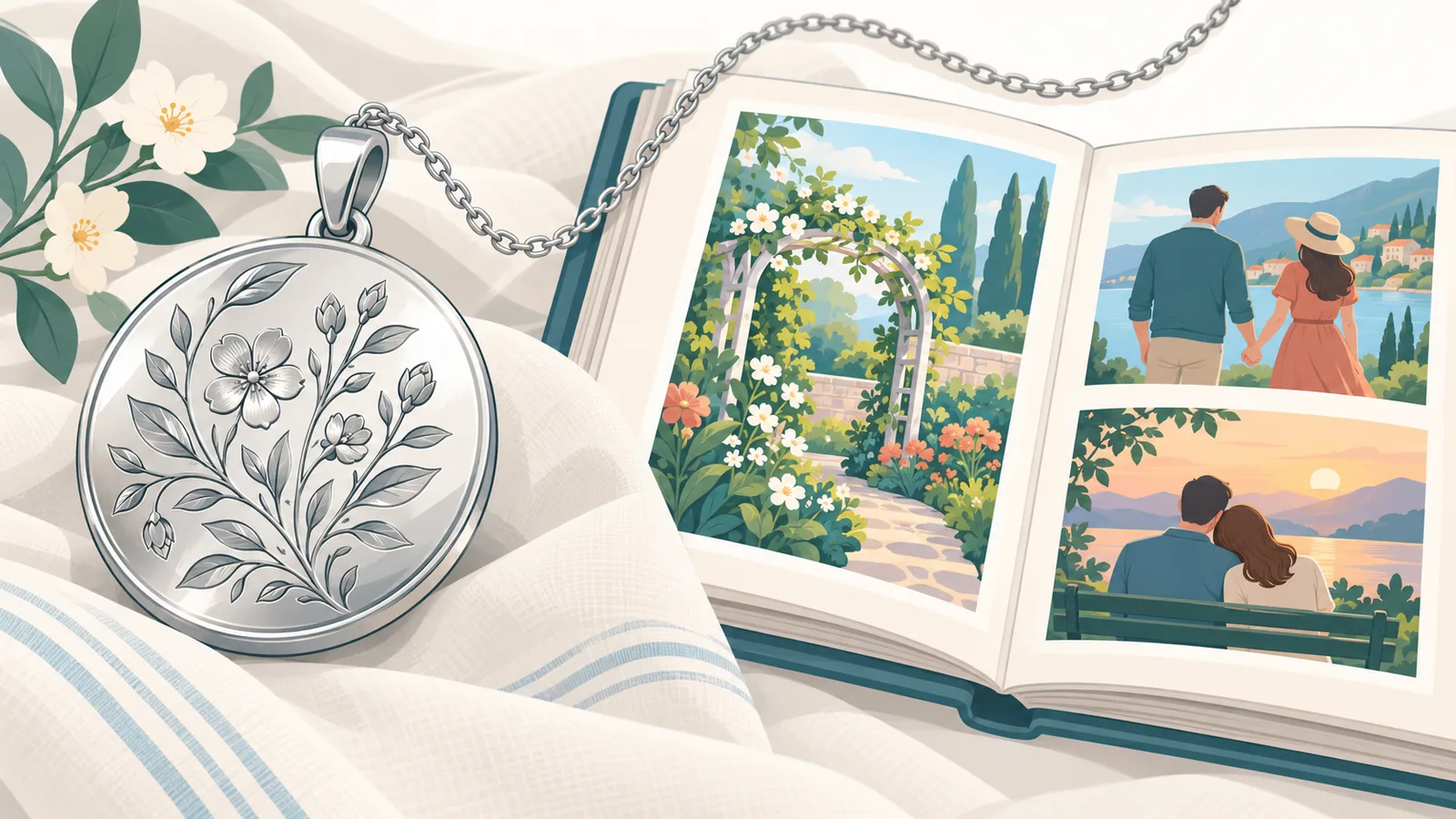 Pendentif gravé posé près d’un livre photo ouvert