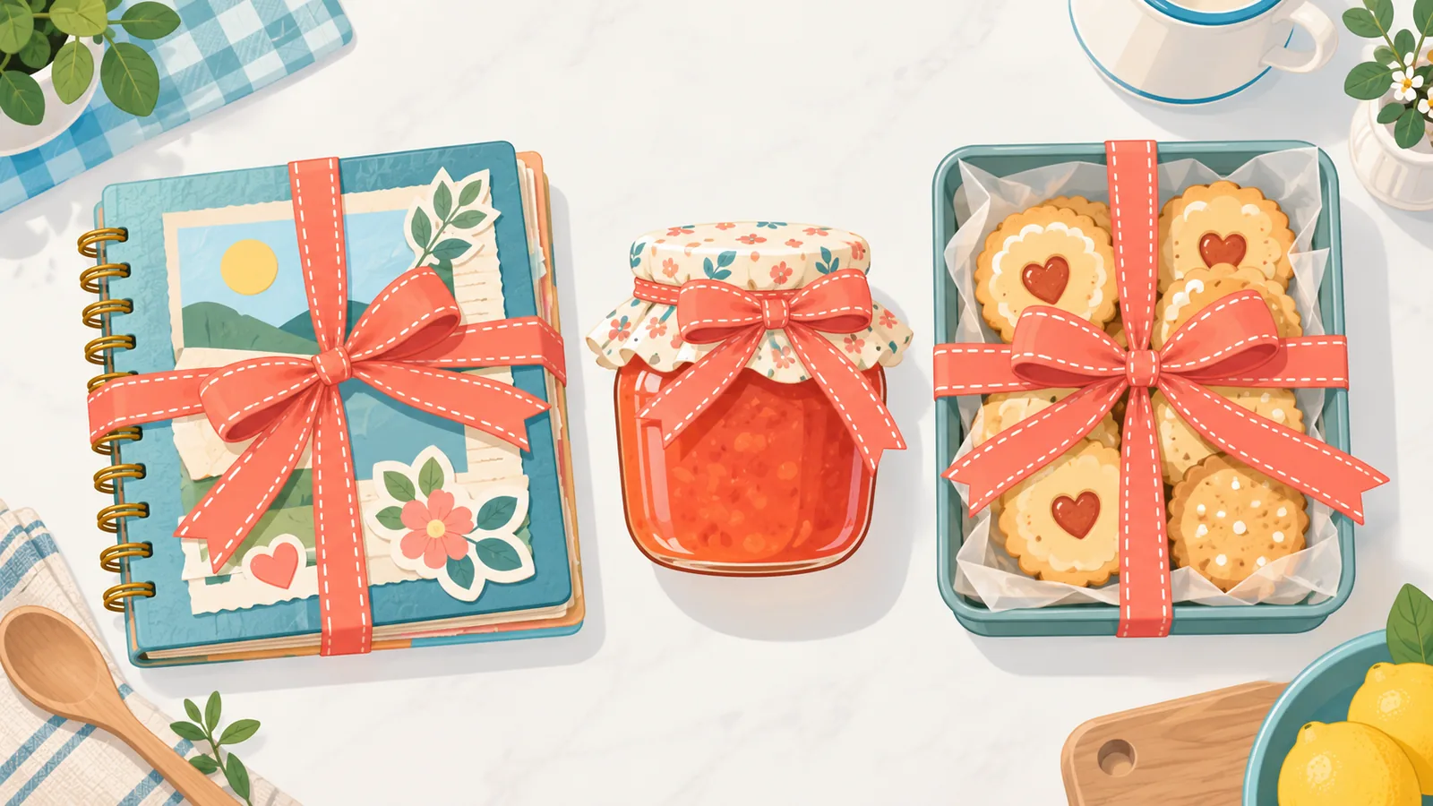 Album fait main, pot de confiture et biscuits maison
