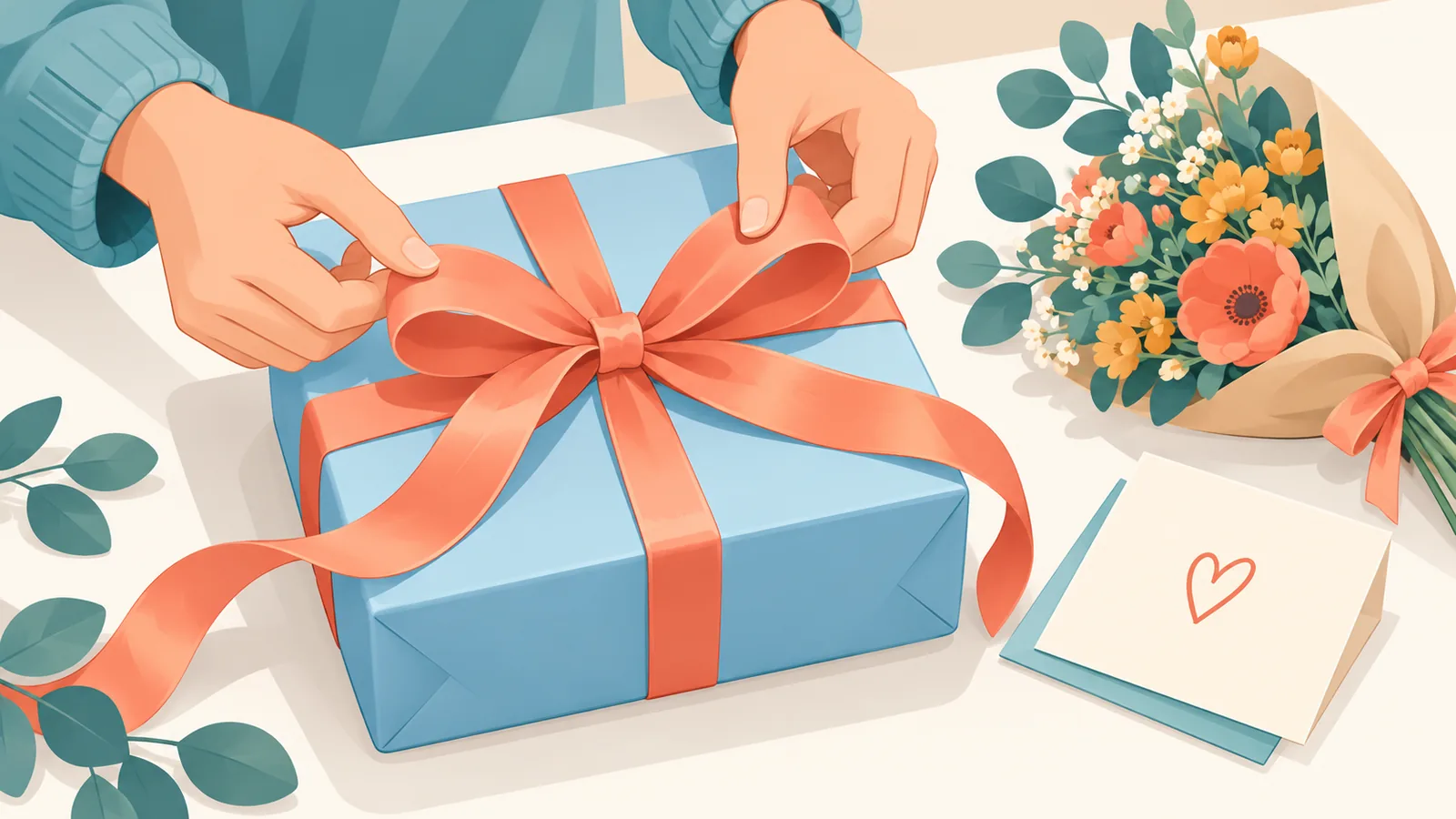 Mains nouant un ruban sur un cadeau avec carte manuscrite