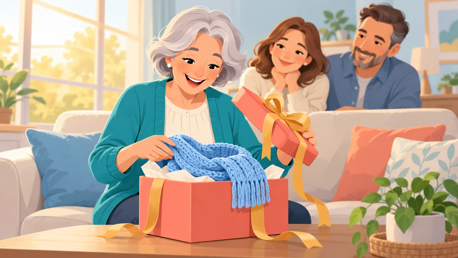 Retraitée souriante ouvrant un cadeau entourée de sa famille