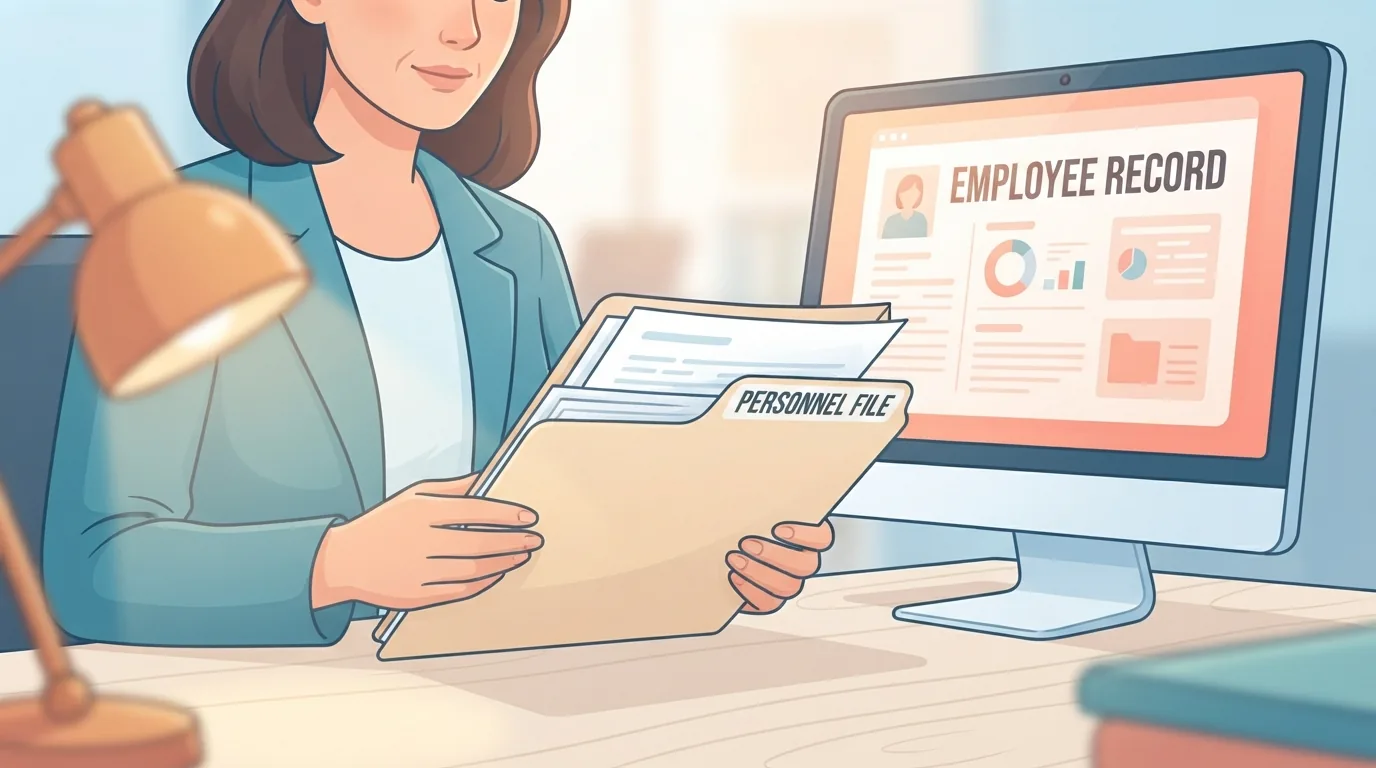 Employé vérifiant un dossier de personnel à côté d’un écran