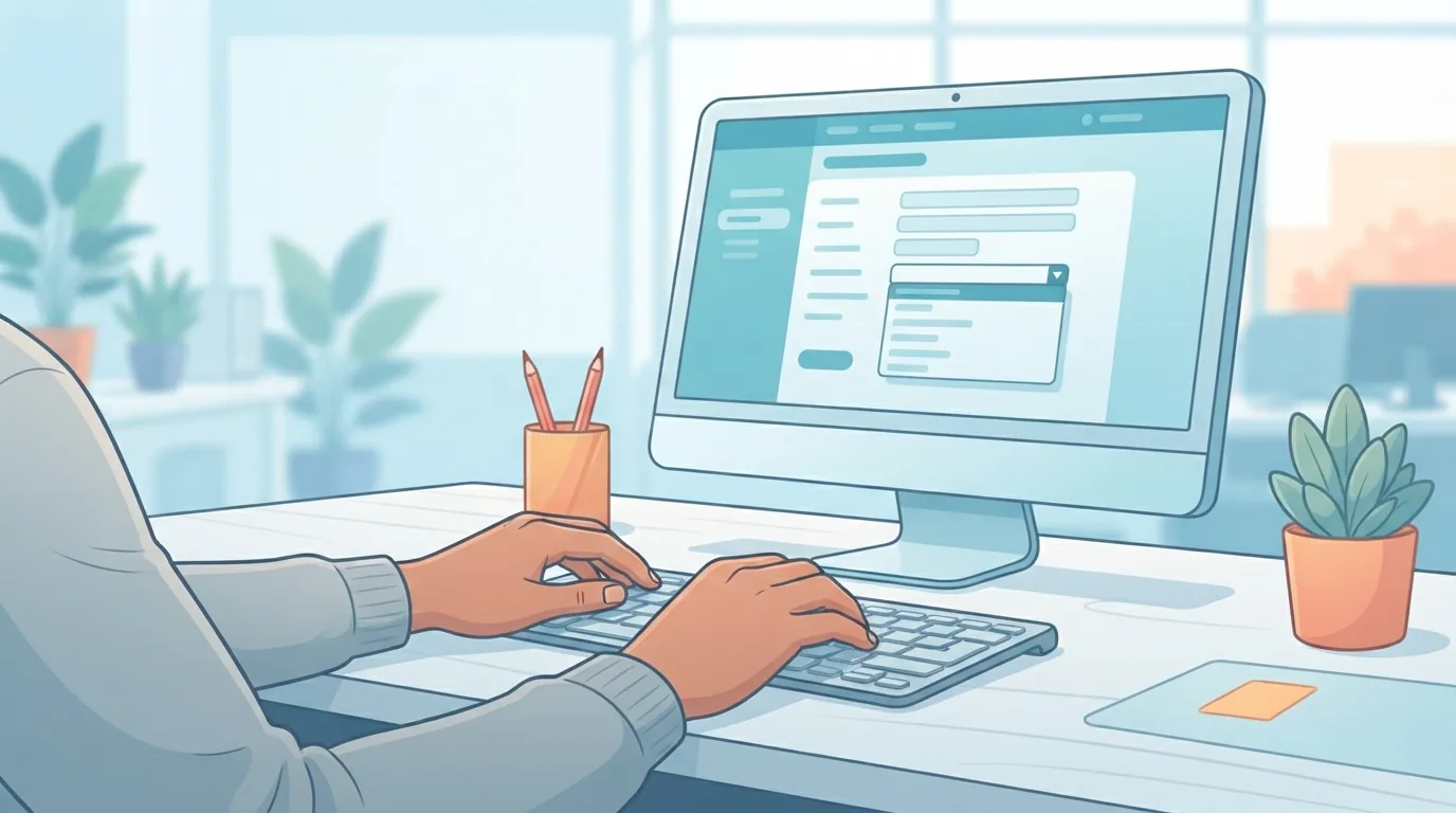 Mains sur un clavier devant un formulaire logiciel à menu déroulant