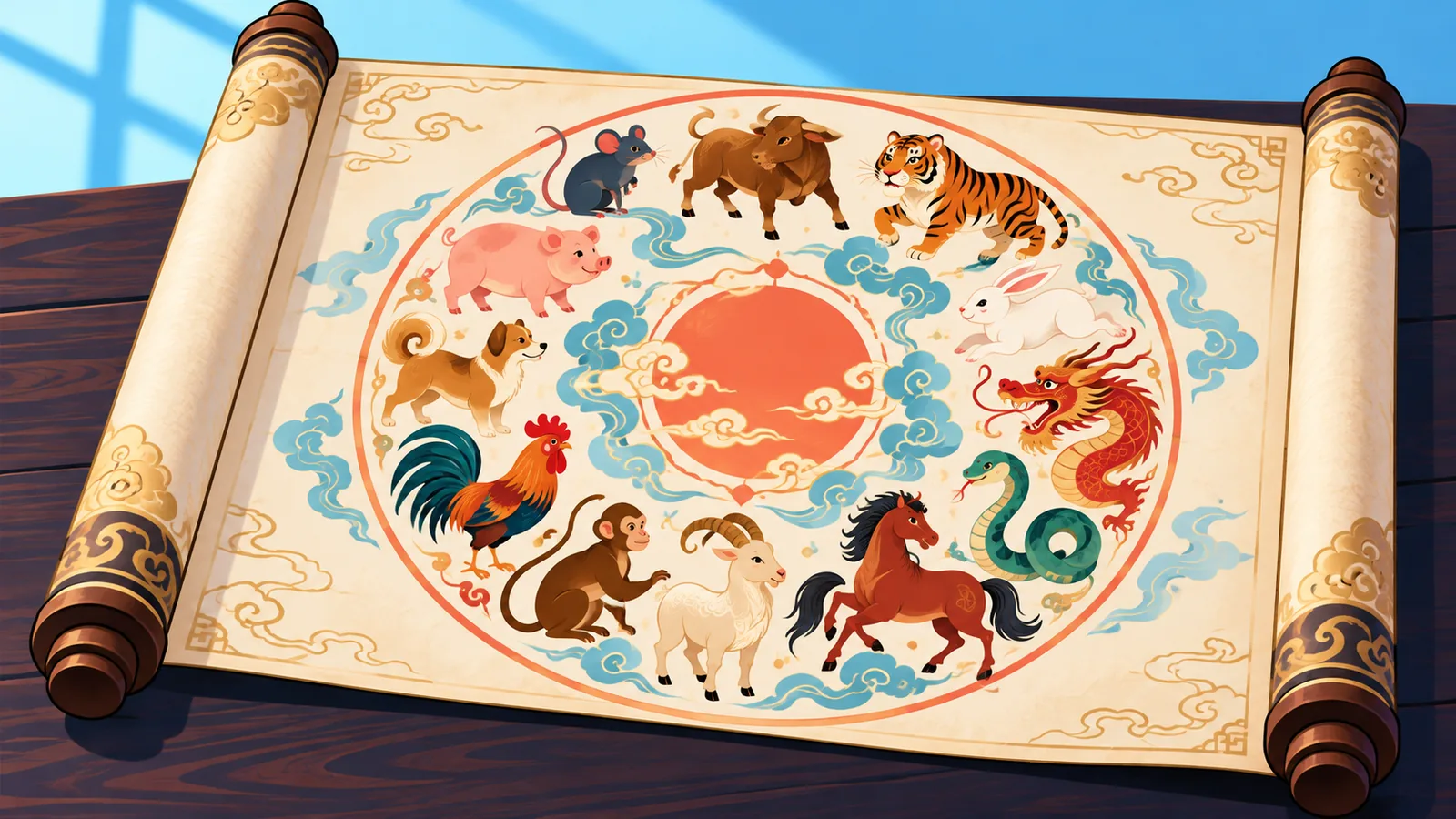 Parchemin ancien illustré des douze animaux du zodiaque chinois