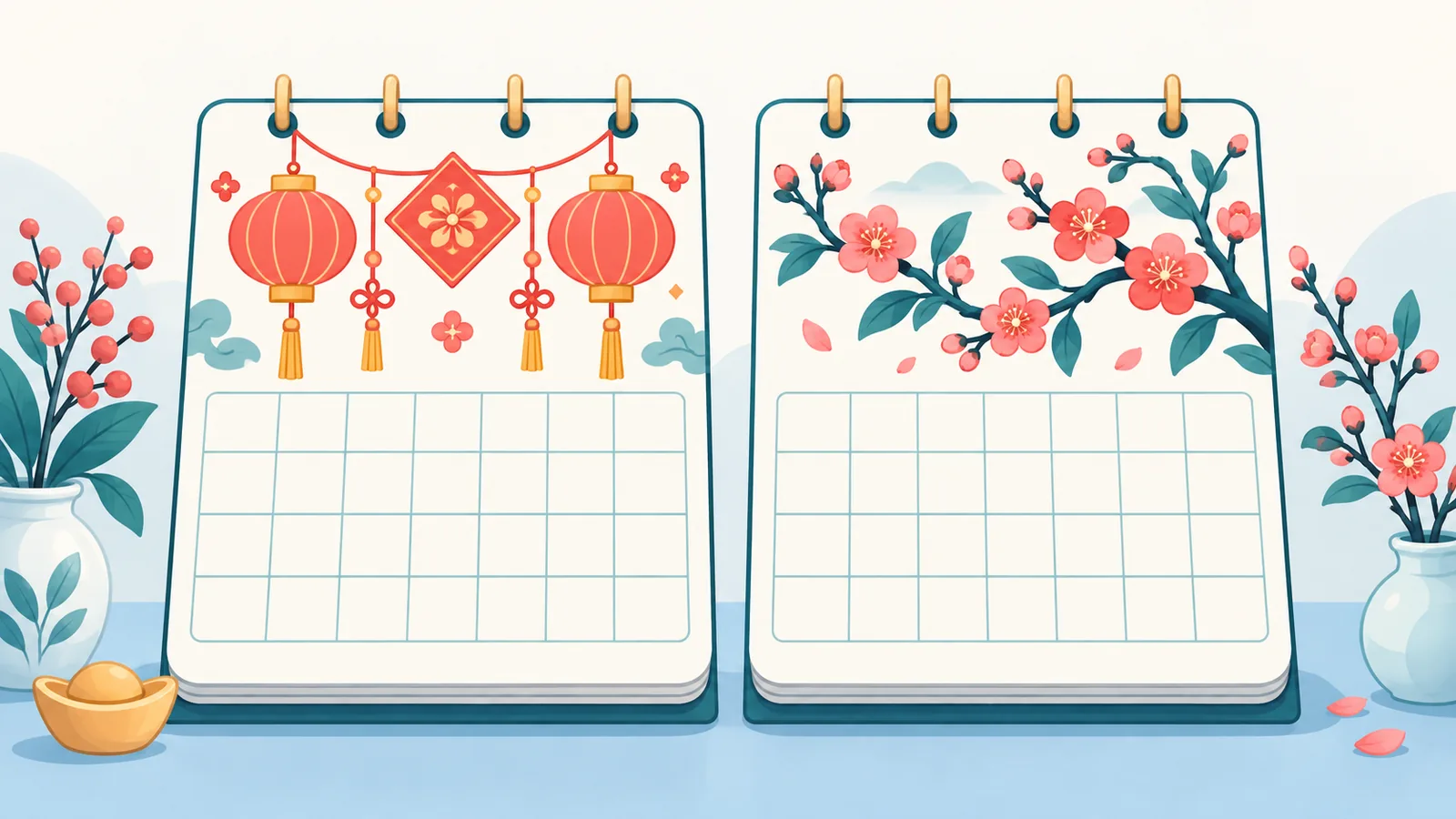 Deux pages de calendrier chinois comparant nouvel an lunaire et début du printemps