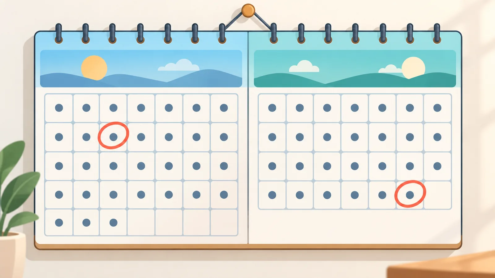 Calendrier de janvier et février avec deux dates entourées au crayon rouge