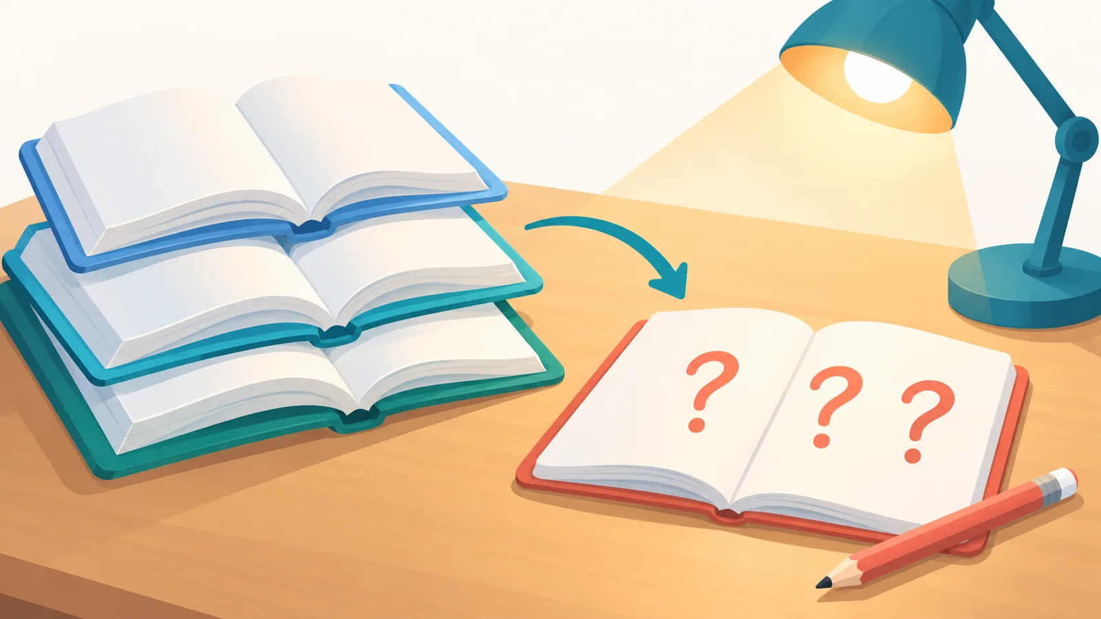 Livres de référence et carnet de questions sur un bureau en bois