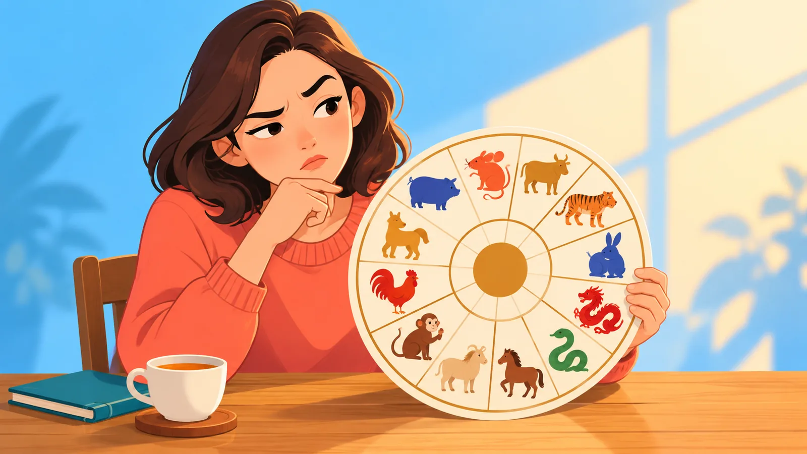Lecteur pensif devant une roue du zodiaque chinois
