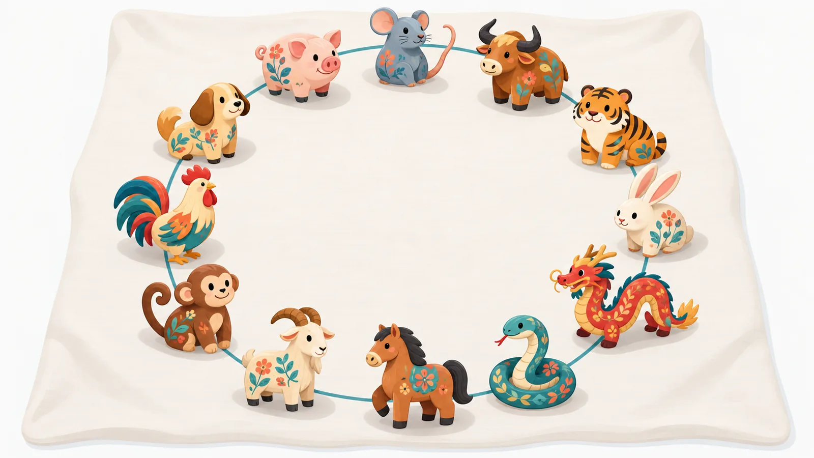 Douze figurines d’animaux du zodiaque disposées en cercle