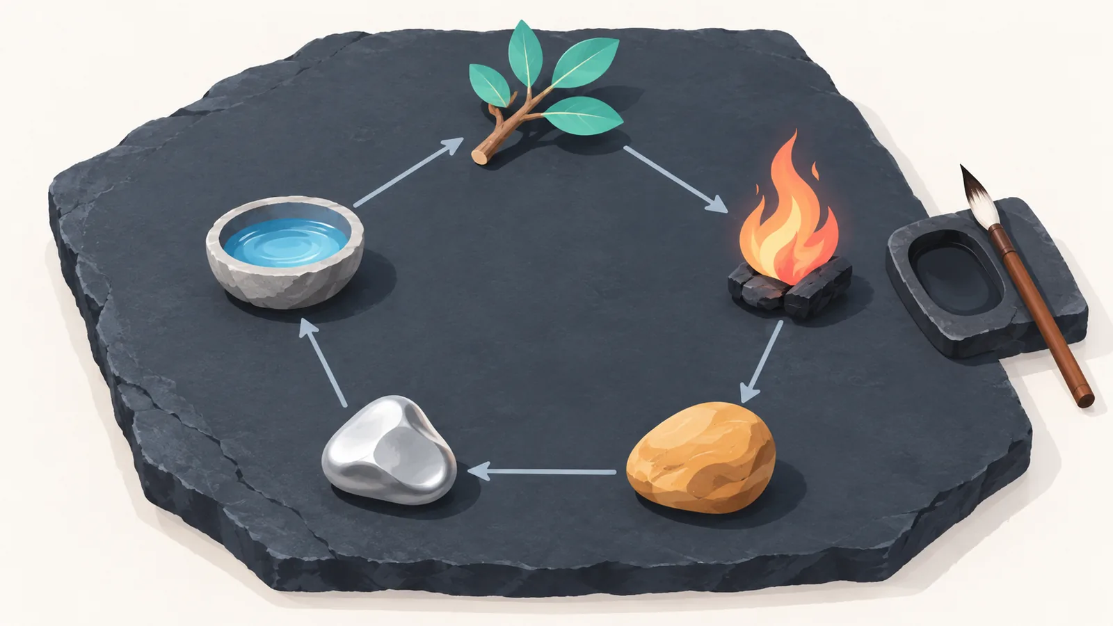 Cinq objets naturels symbolisant les cinq éléments