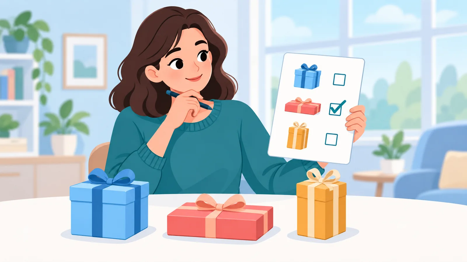 Personne comparant trois idées de cadeaux avec une liste