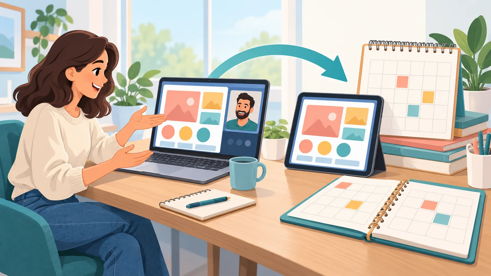 Freelance en visioconférence et planificateurs imprimés à côté d’une tablette