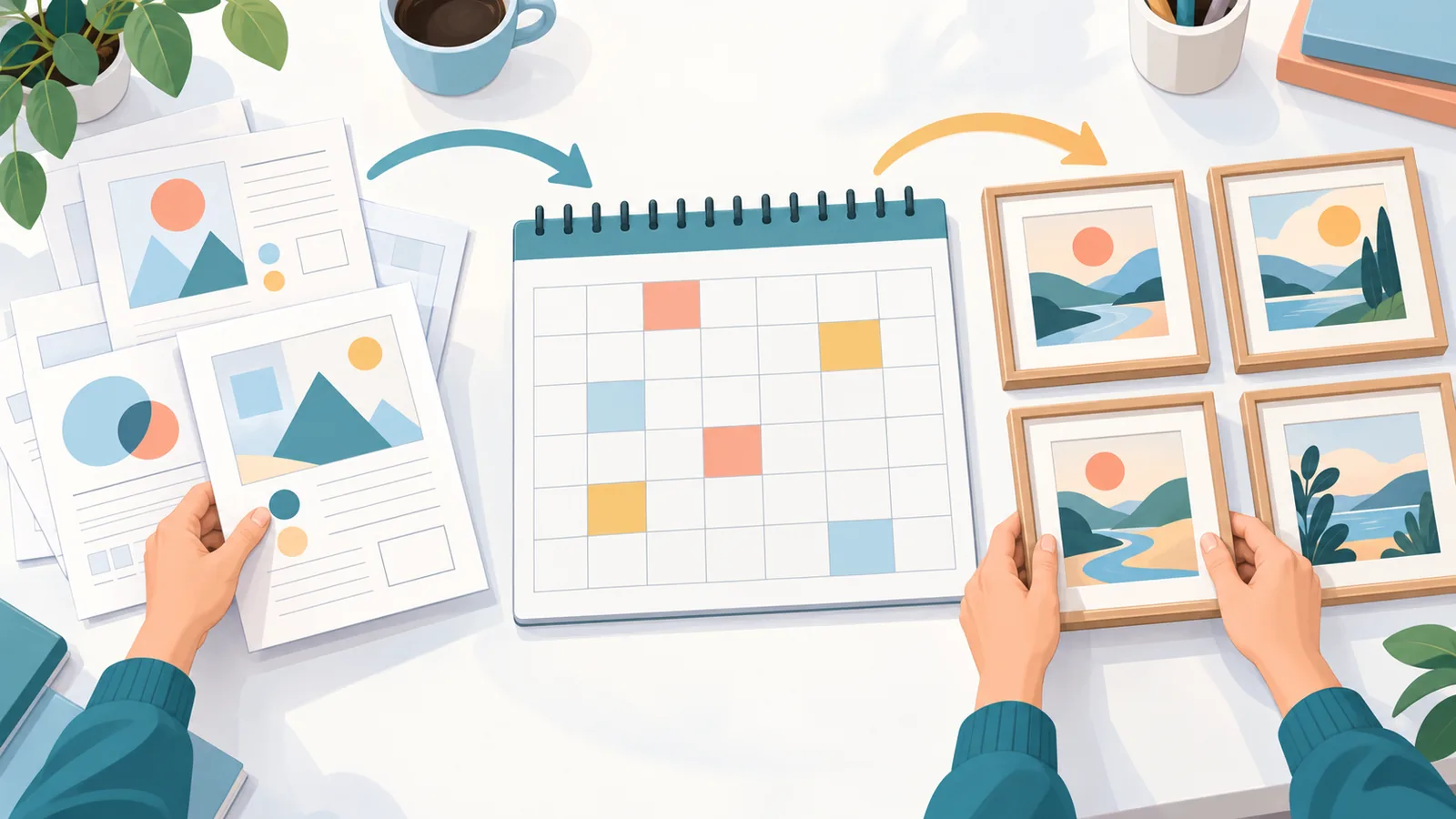 Mains disposant des fiches de travail, un calendrier mural et de petits tirages encadrés