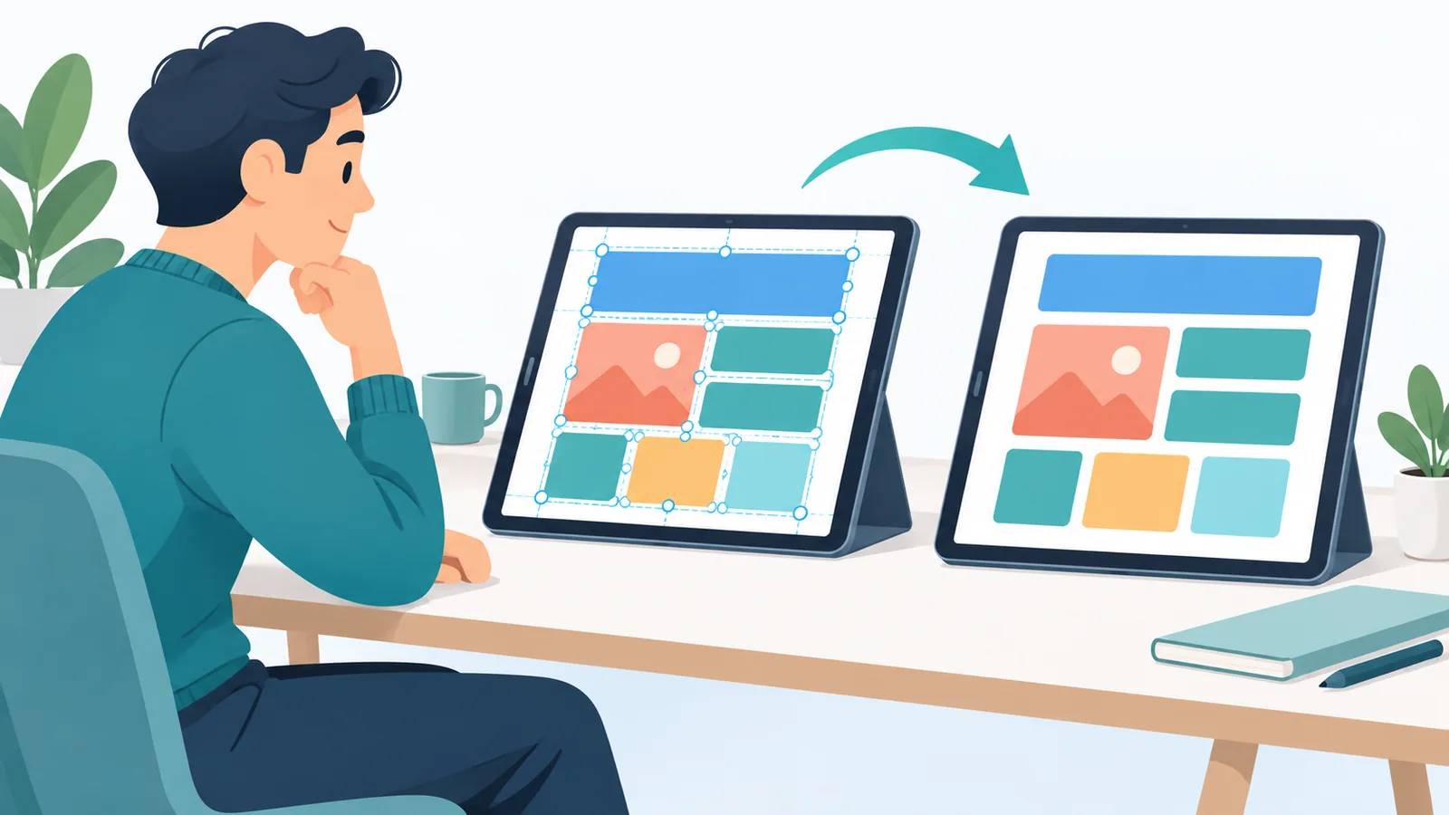 Designer comparant sur deux tablettes un modèle et une page PDF