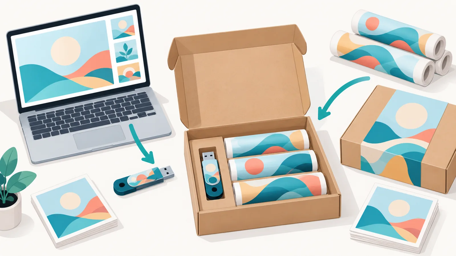 Préparation d’une commande de produits numériques et imprimés sur un bureau