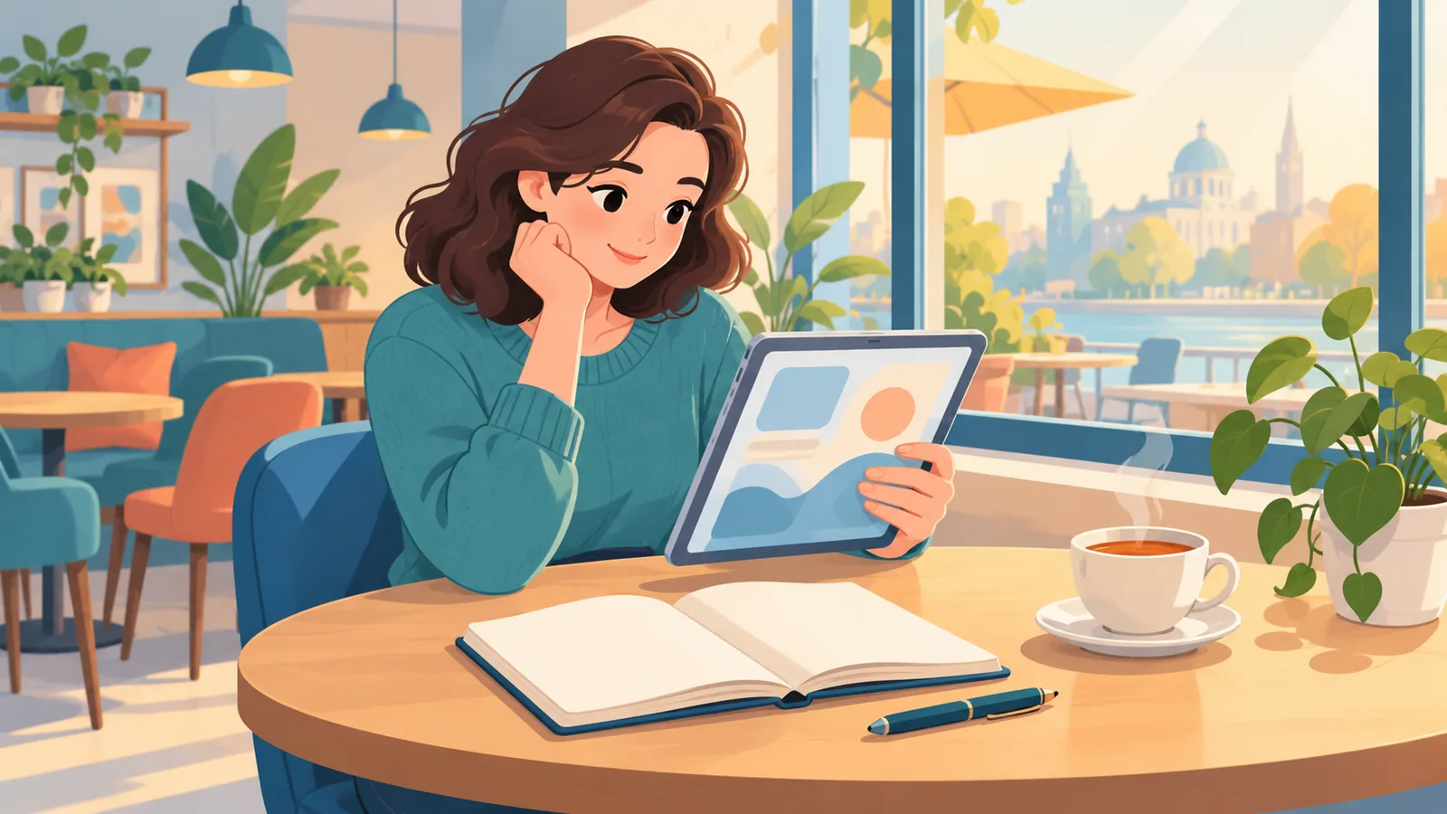 Personne lisant sur une tablette dans un café avec un carnet et une tasse de thé