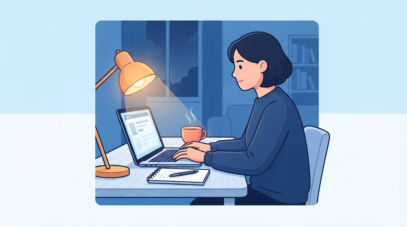 Une personne installée à son bureau à domicile, ordinateur portable ouvert, qui réfléchit à une activité compl