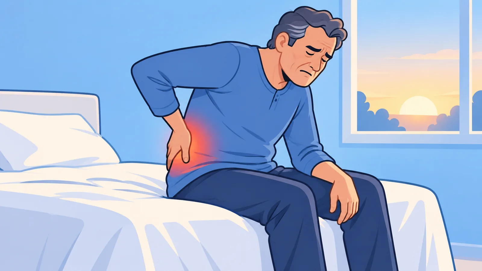 Personne assise au bord du lit, la main sur le bas du dos, dans une chambre au petit matin