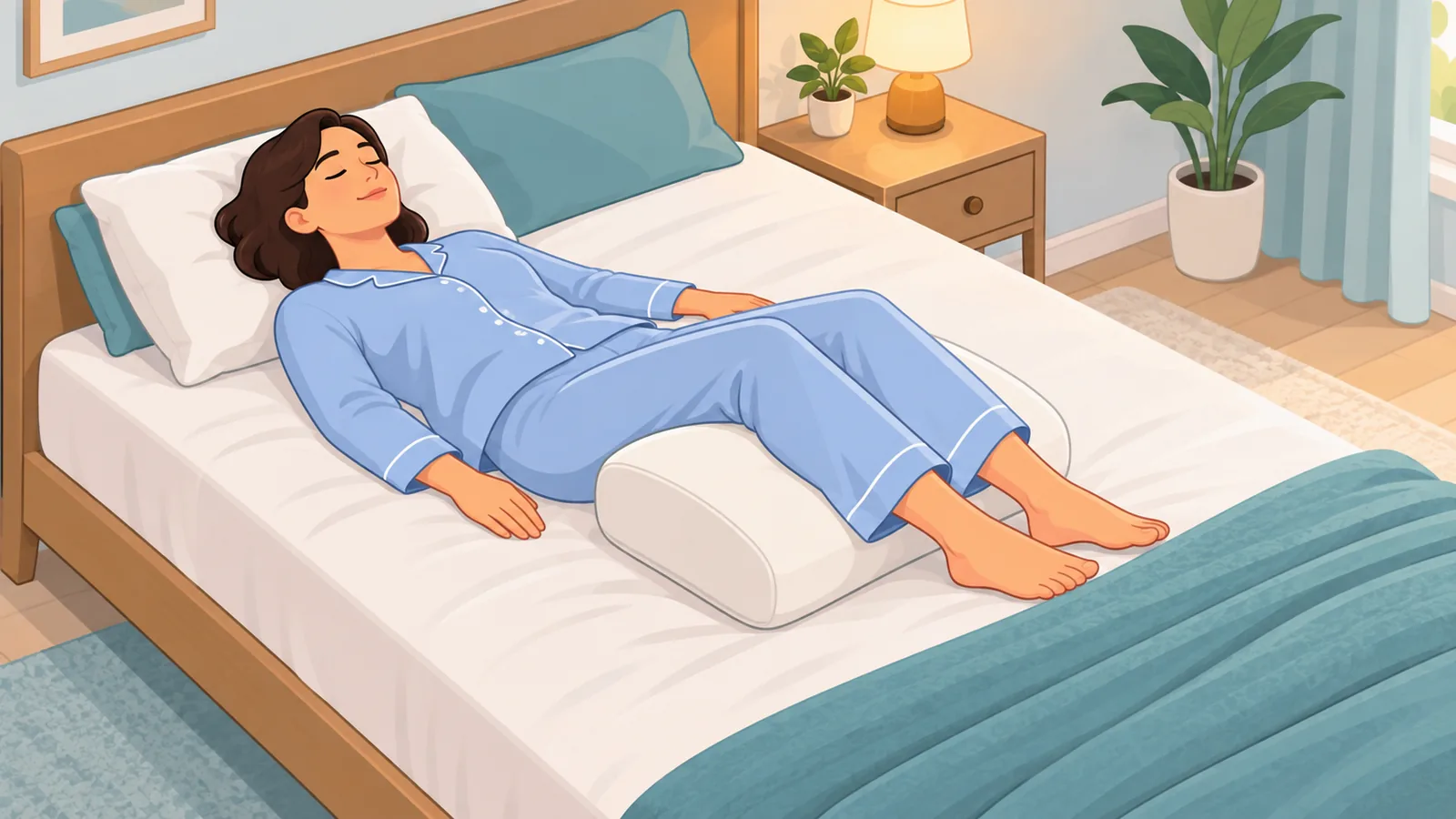 Personne allongée sur le dos avec un coussin sous les genoux