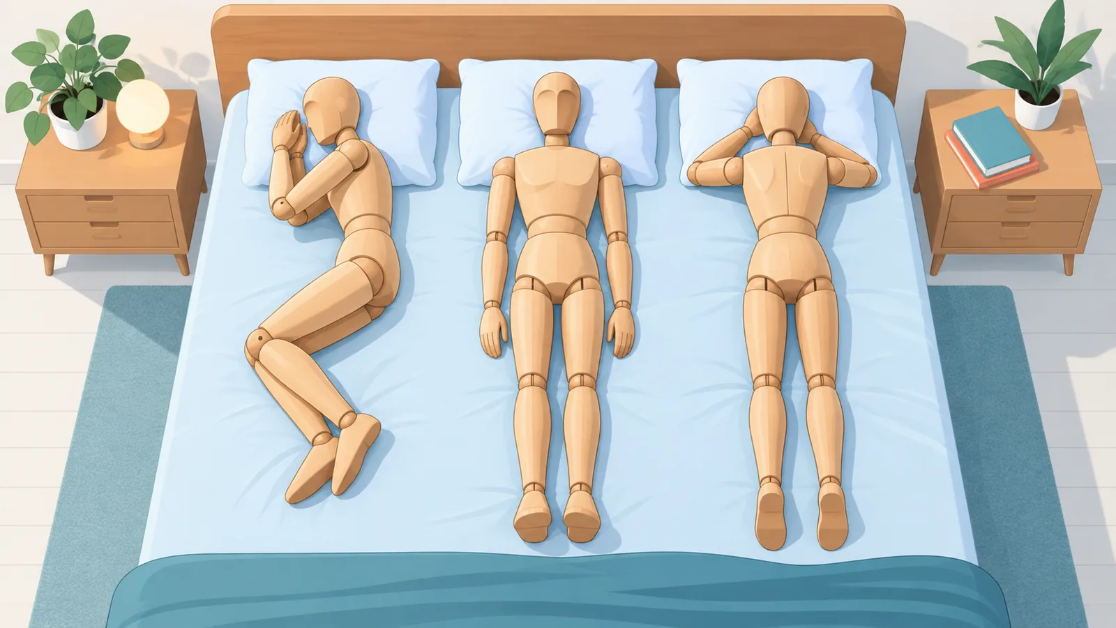 Trois silhouettes illustrant les positions sur le côté, sur le dos et sur le ventre
