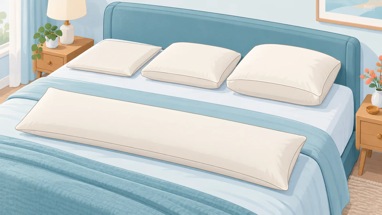 Oreillers de différentes hauteurs et coussin d'appoint posés sur un lit