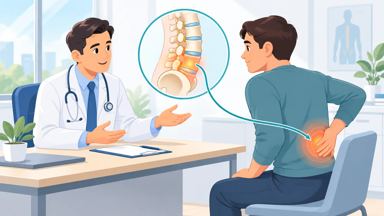 Consultation entre un médecin et un patient qui parle de son dos