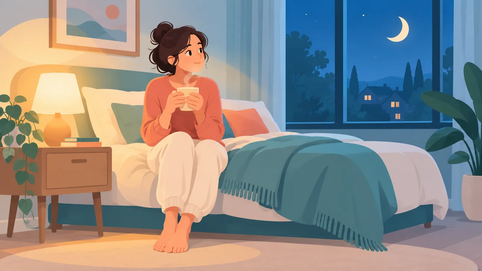 Personne qui réfléchit assise sur son lit avec une tasse