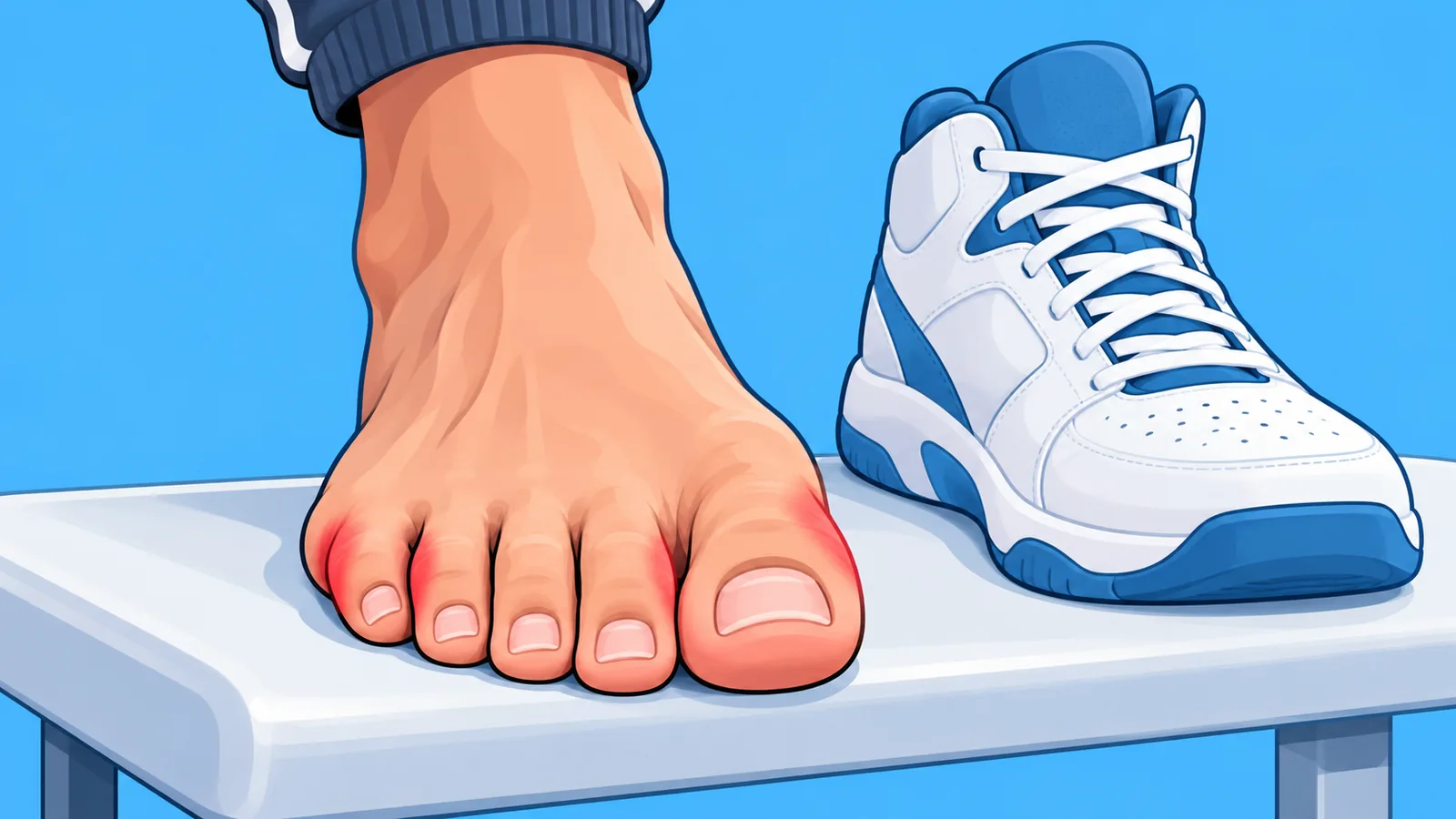 Pied nu d’un joueur de basket avec des marques de pression sur les orteils à côté d’une chaussure