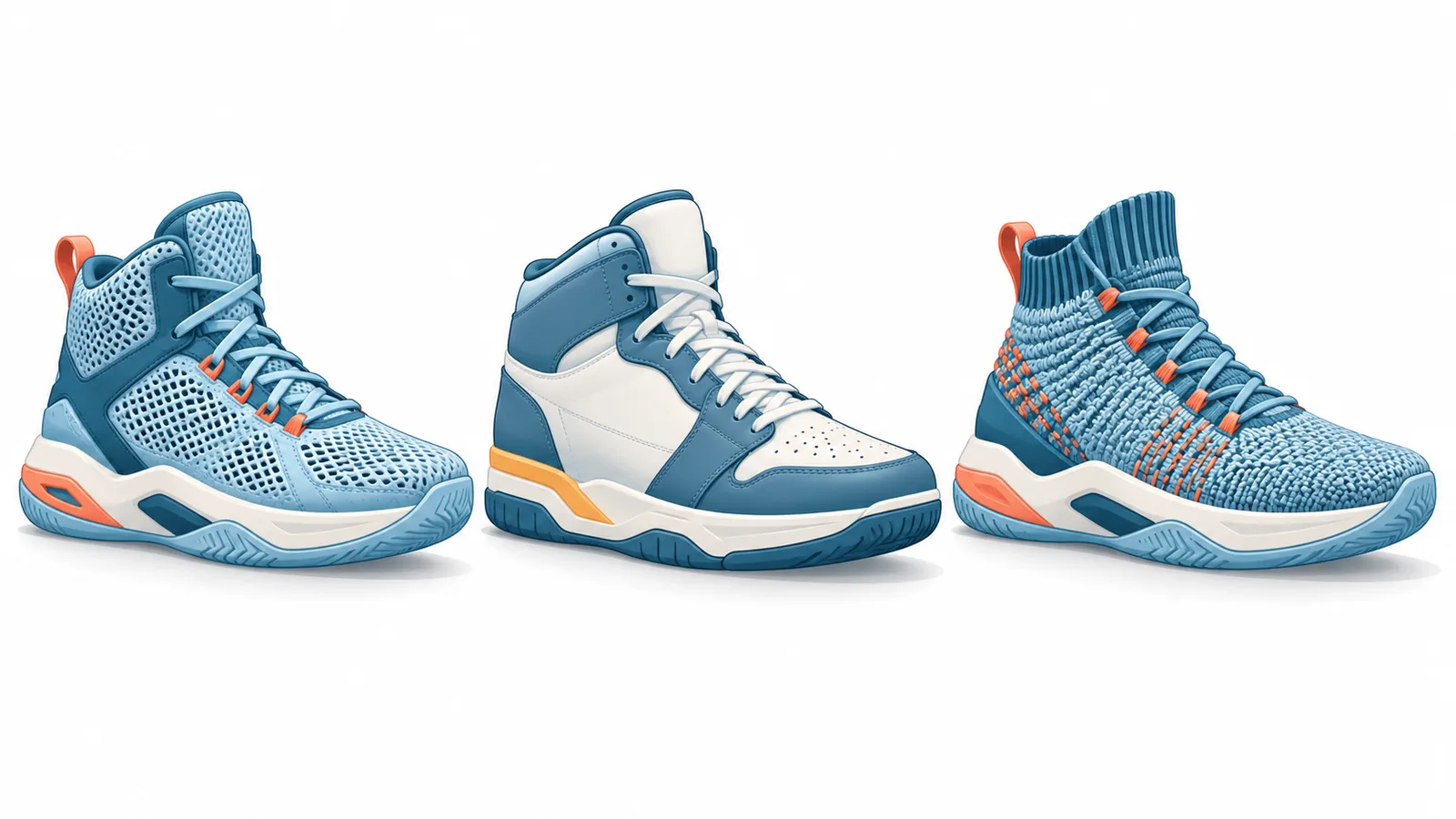 Trois chaussures de basket en mesh, cuir et tricot alignées pour comparaison