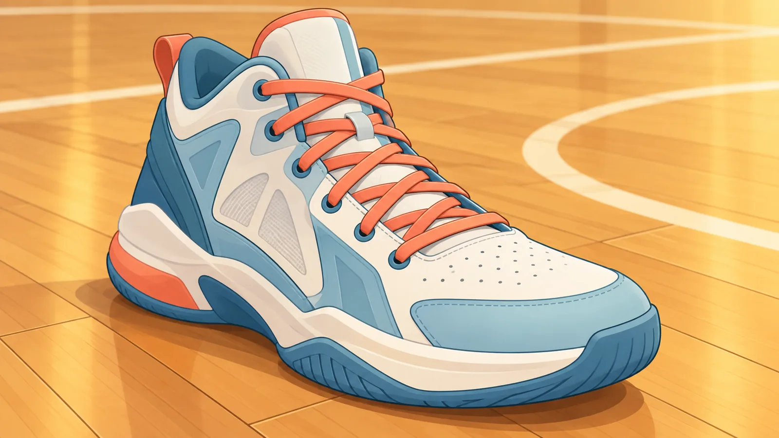 Chaussure de basket posée sur un parquet avec l’avant-pied et le laçage au premier plan