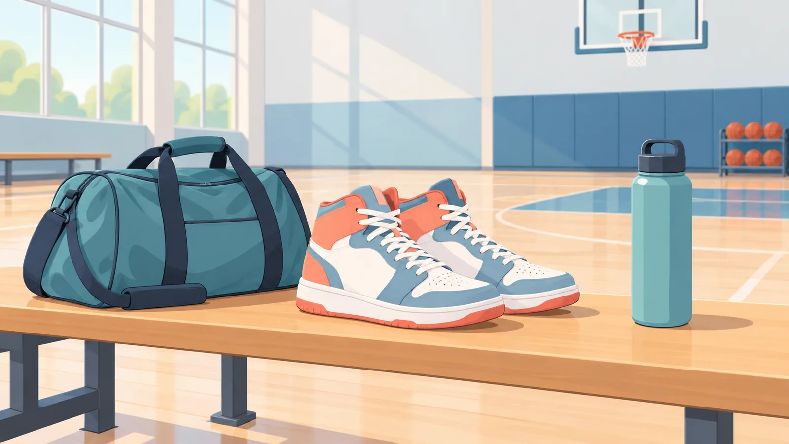 Paire de chaussures de basket simple posée sur un banc à côté d’un sac de sport