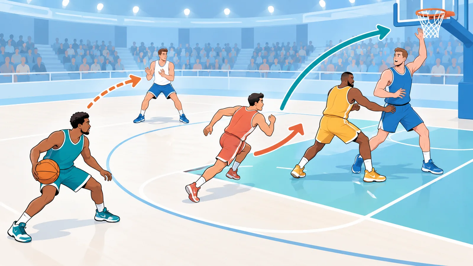 Joueurs de basket de différents postes en action sur un terrain en salle