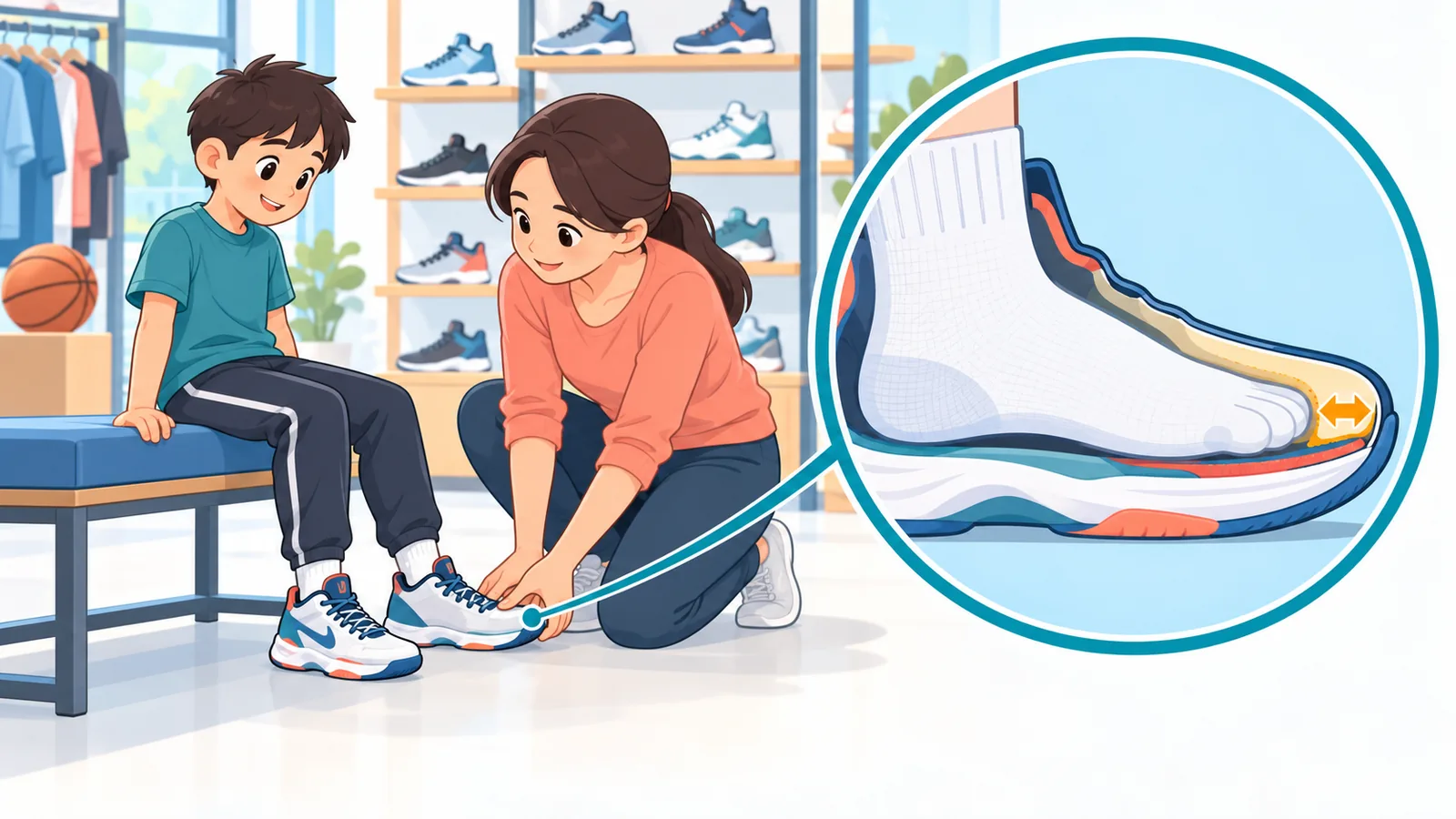 Jeune joueur essayant des chaussures de basket dans un magasin de sport avec un parent