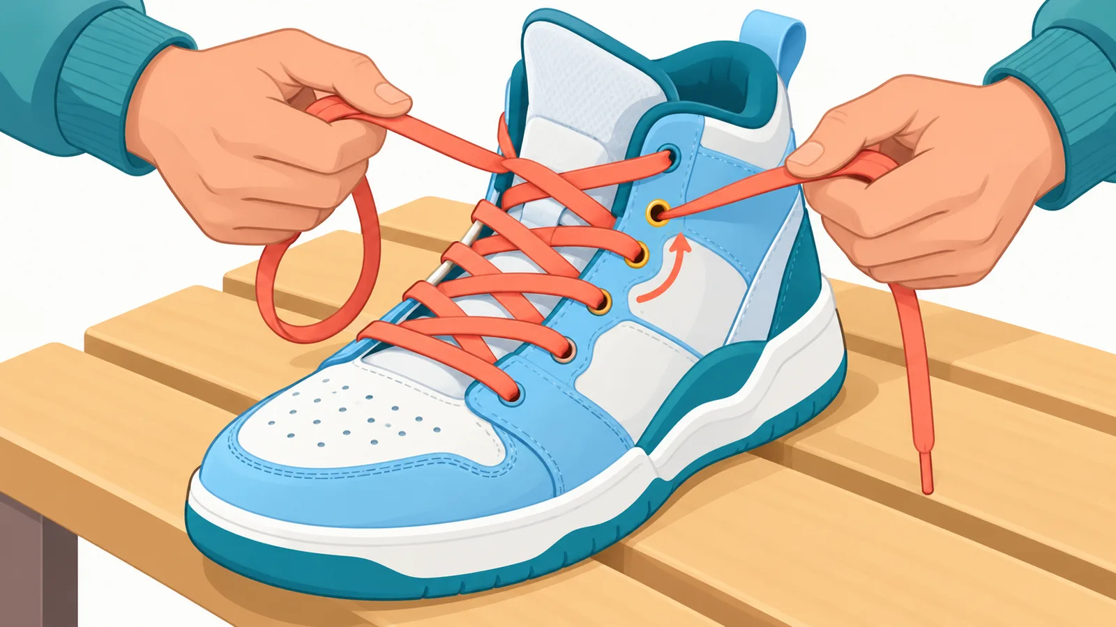 Mains qui desserrent le laçage d’une chaussure de basket en sautant un œillet