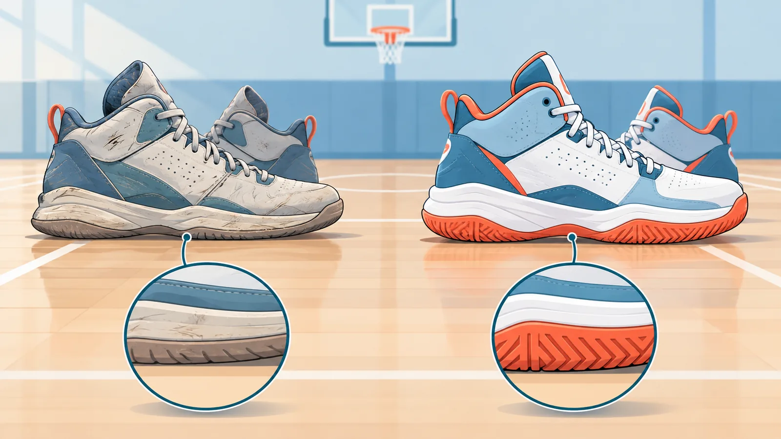 Paire de chaussures de basket usée à côté d’une paire neuve montrant l’usure de la semelle