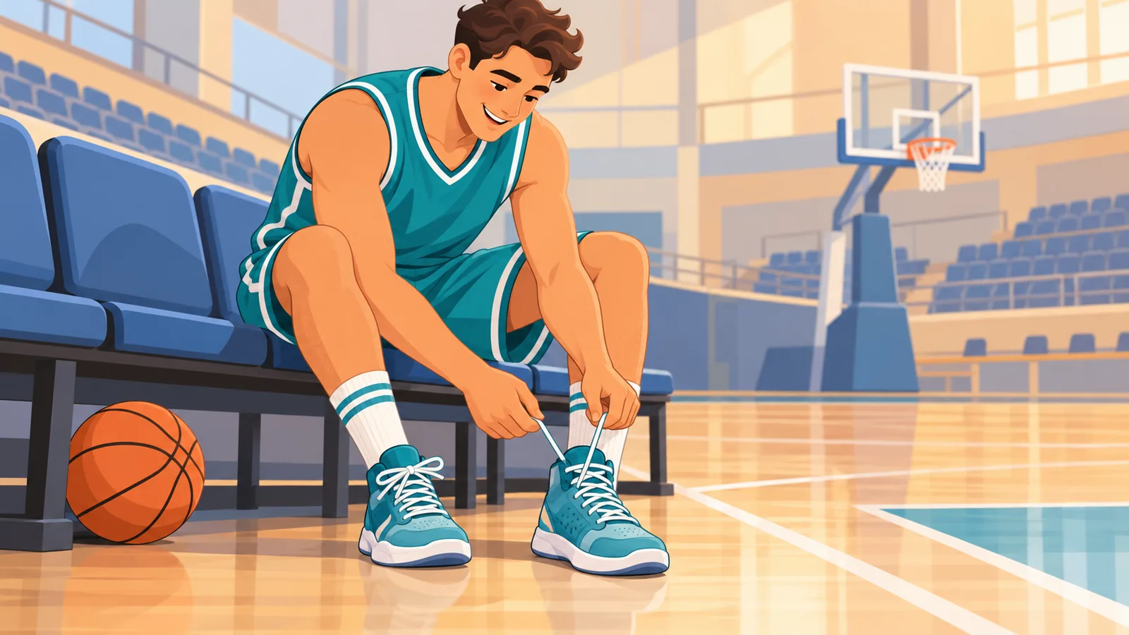 Joueur de basket souriant qui lace ses chaussures confortables avant un match