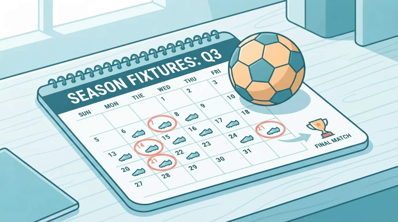 Calendrier mural avec les dates de matchs et un ballon de football posé sur un bureau